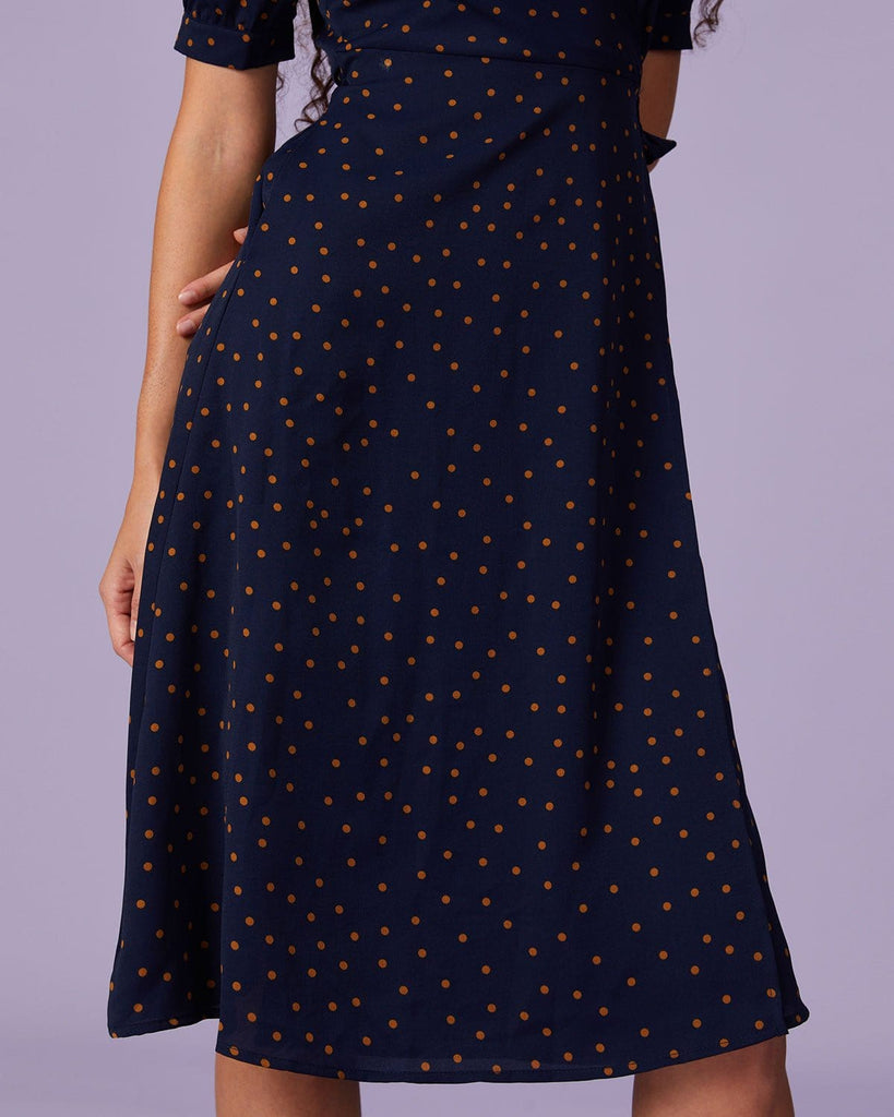 The Navy Polka Dot Wrap Midi Dress Navy Dresses - RIHOAS
