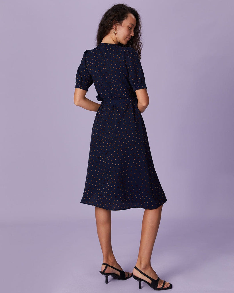 The Navy Polka Dot Wrap Midi Dress Navy Dresses - RIHOAS