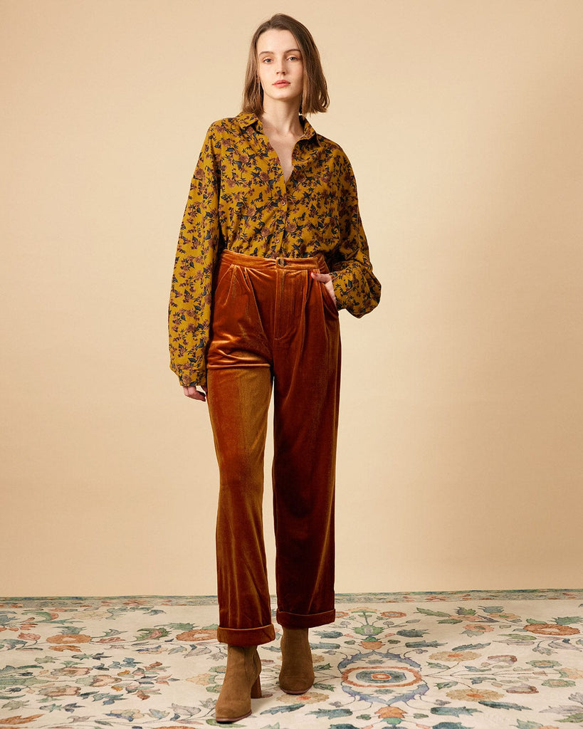 The Solid Pleated High Waisted Velvet Pants - RIHOAS