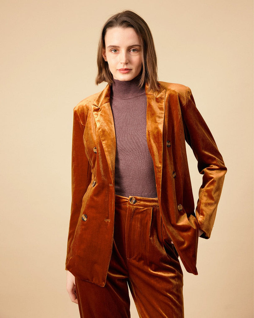 The Collared Double-breasted Velvet Blazer & Reviews - Brown ...