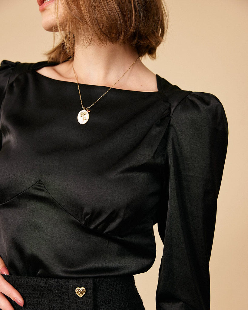 The Solid Puff Sleeve Tie-back Satin Blouse - RIHOAS