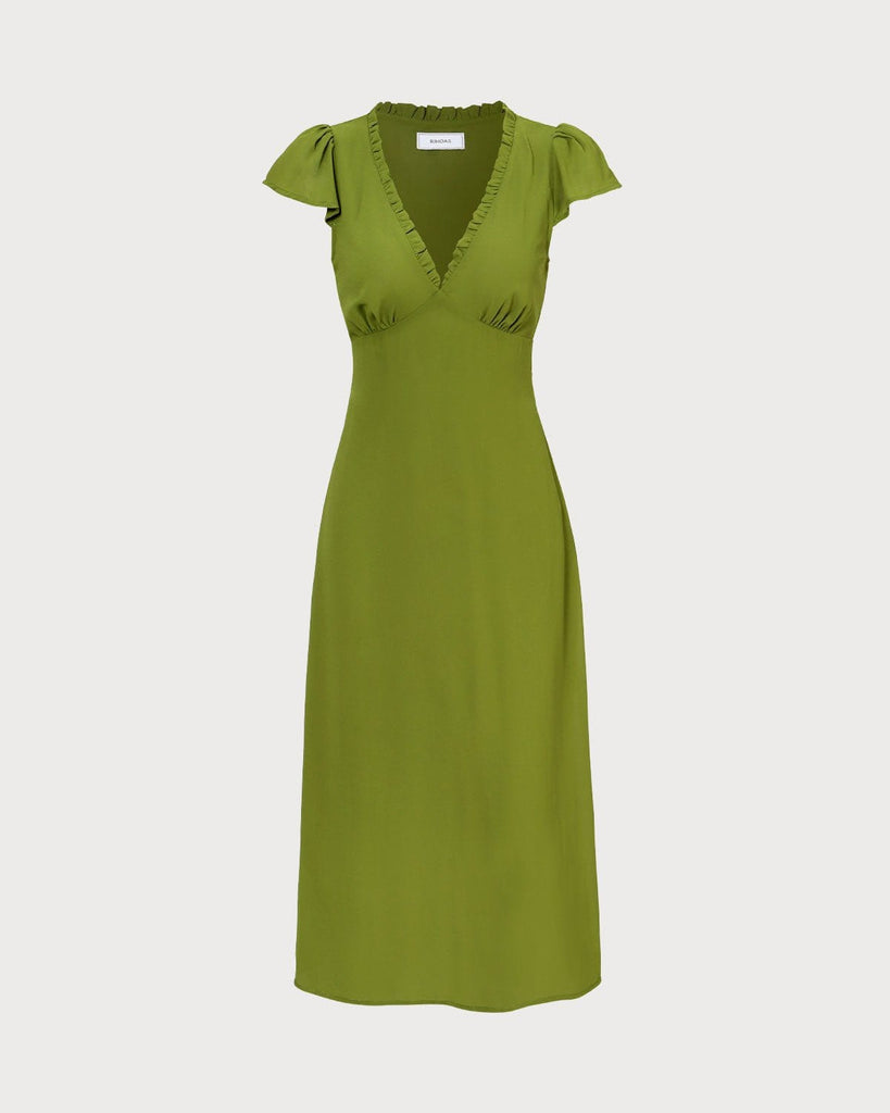 The Green Ruched Trim Midi Dress Dresses - RIHOAS