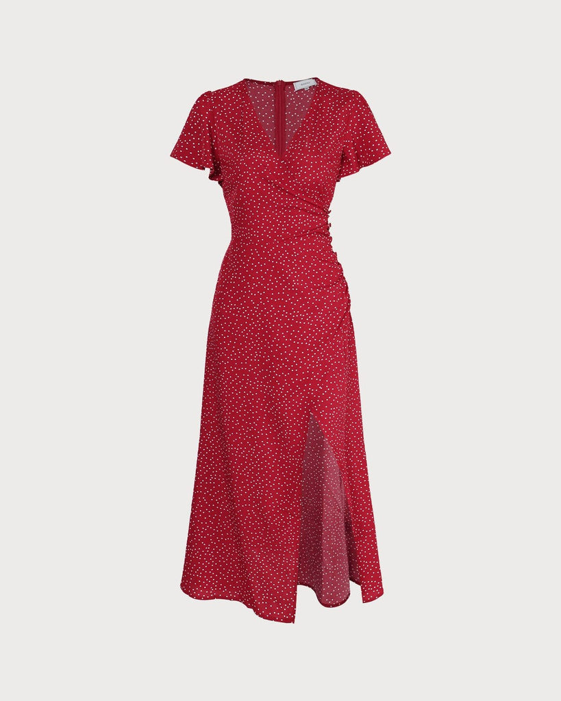 The Red V Neck Polka Dot Ruched Slit Maxi Dress & Reviews - Red ...