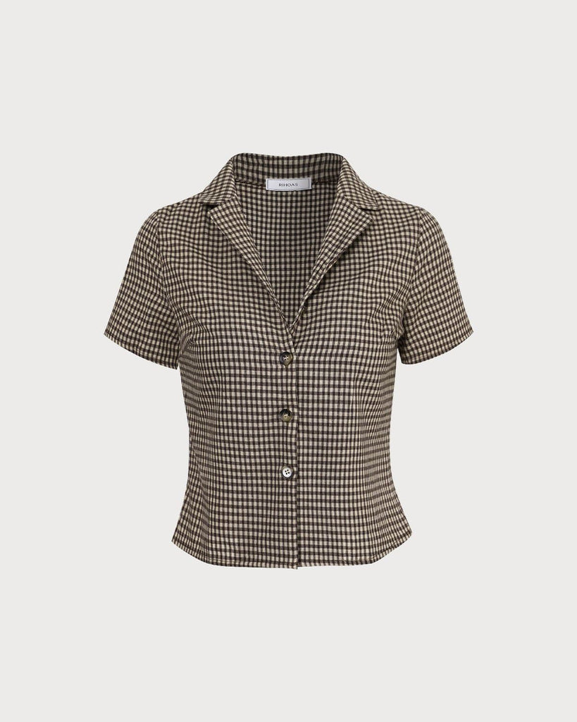 The Brown Collared Plaid Blouse Brown Tops - RIHOAS