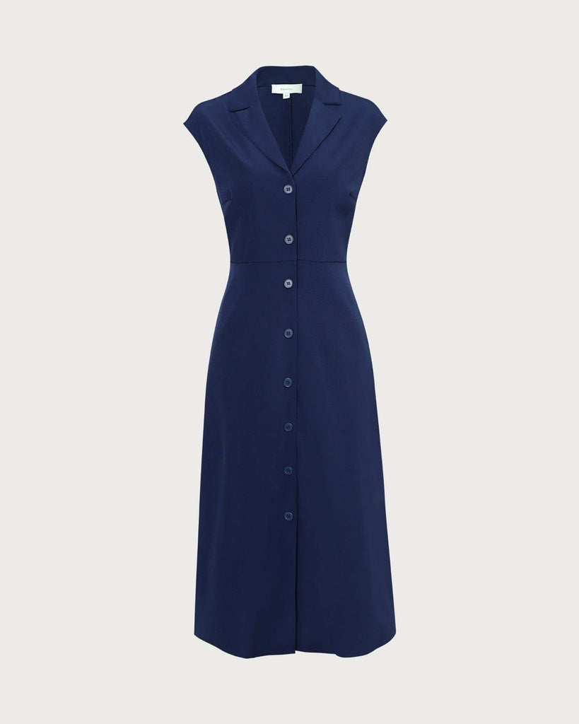 The Navy V-Neck Cap Sleeve Midi Dress Dresses - RIHOAS