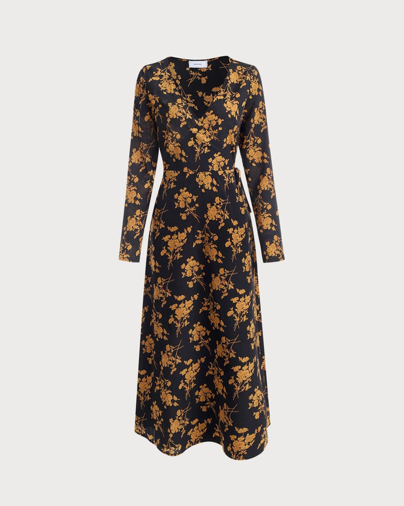 The Black V Neck Floral Midi Dress Dresses - RIHOAS