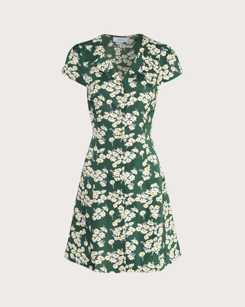 The Green Collared Floral Mini Dress Dresses - RIHOAS