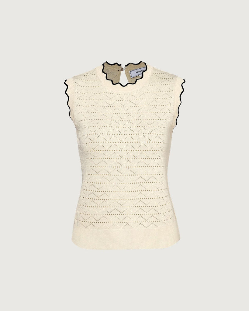 The Beige Scallop Trim Pointelle Knit Tank Top Tops - RIHOAS