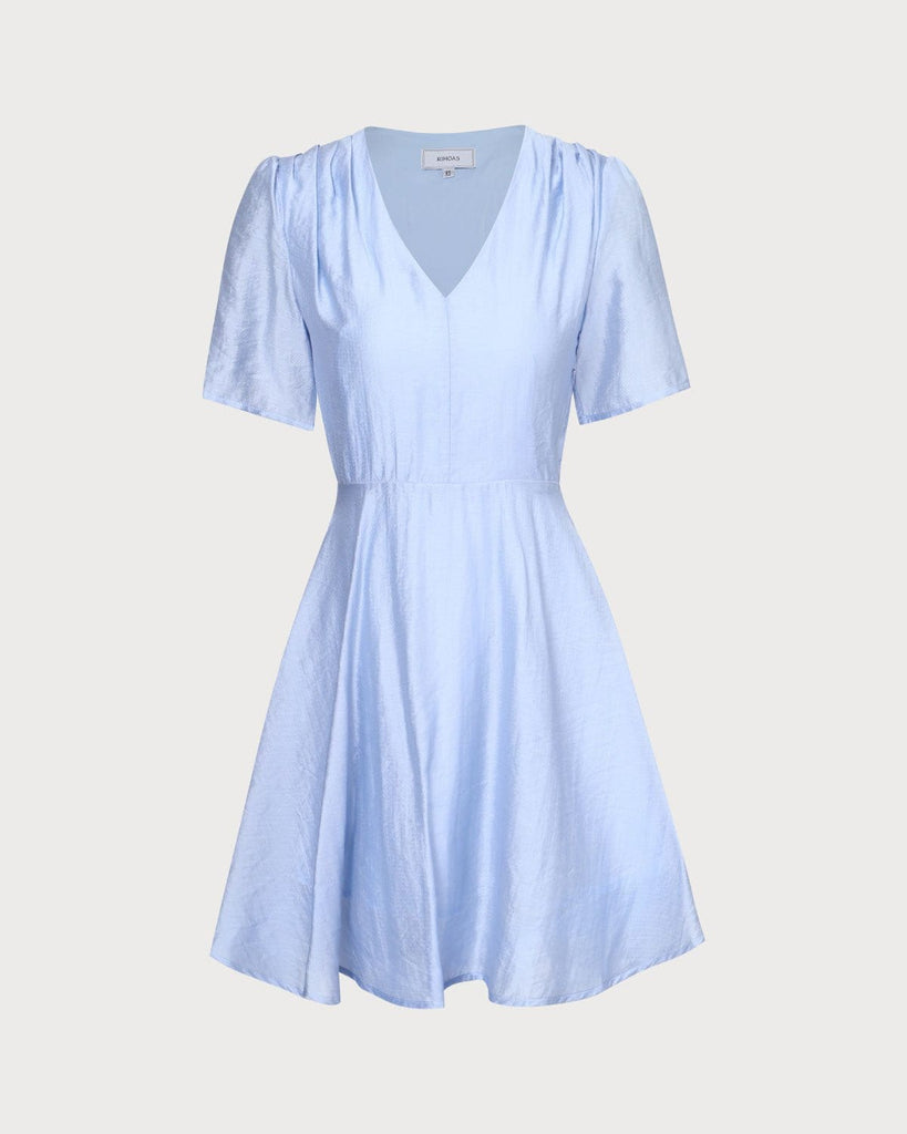 The Light Blue V-Neck Solid Pleated Mini Dress Dresses - RIHOAS