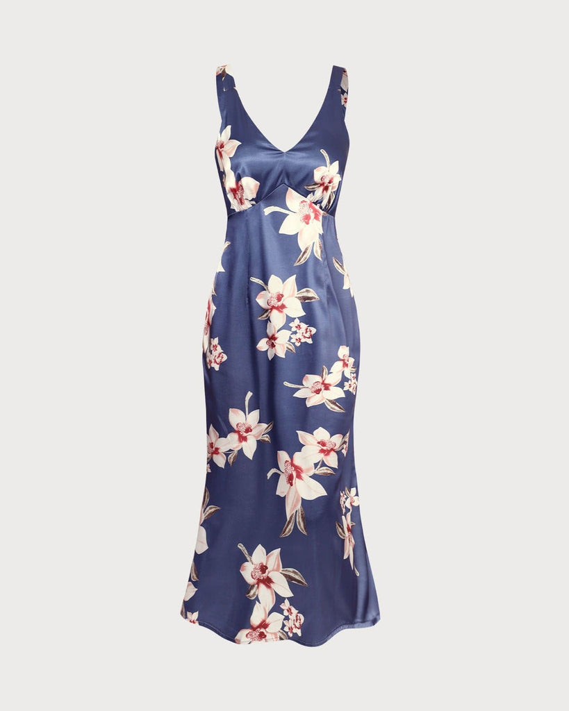 The Retro V-Neck Satin Dress Navy Dresses - RIHOAS