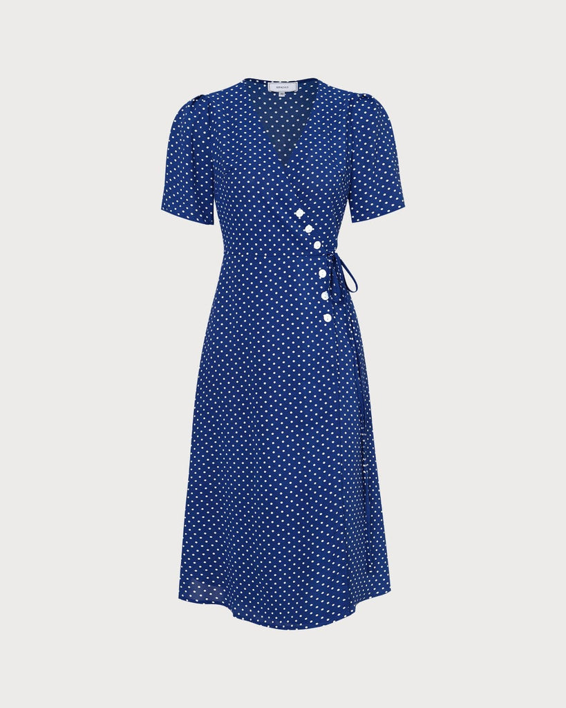 The Blue Polka Dot Wrap Midi Dress Dresses - RIHOAS