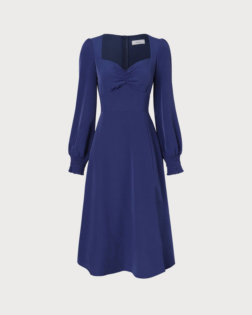 The Navy Sweetheart Neck Split Hem Midi Dress Dresses - RIHOAS