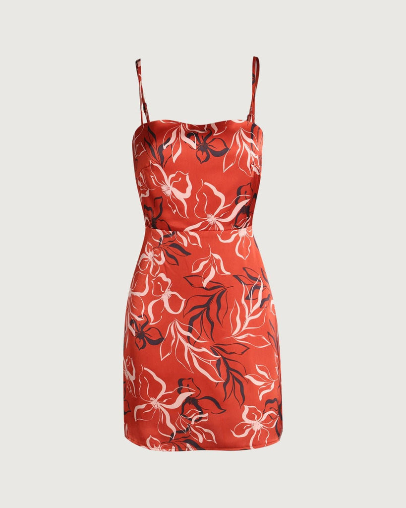 The Orange Sleeveless Floral Satin Mini Dress Dresses - RIHOAS