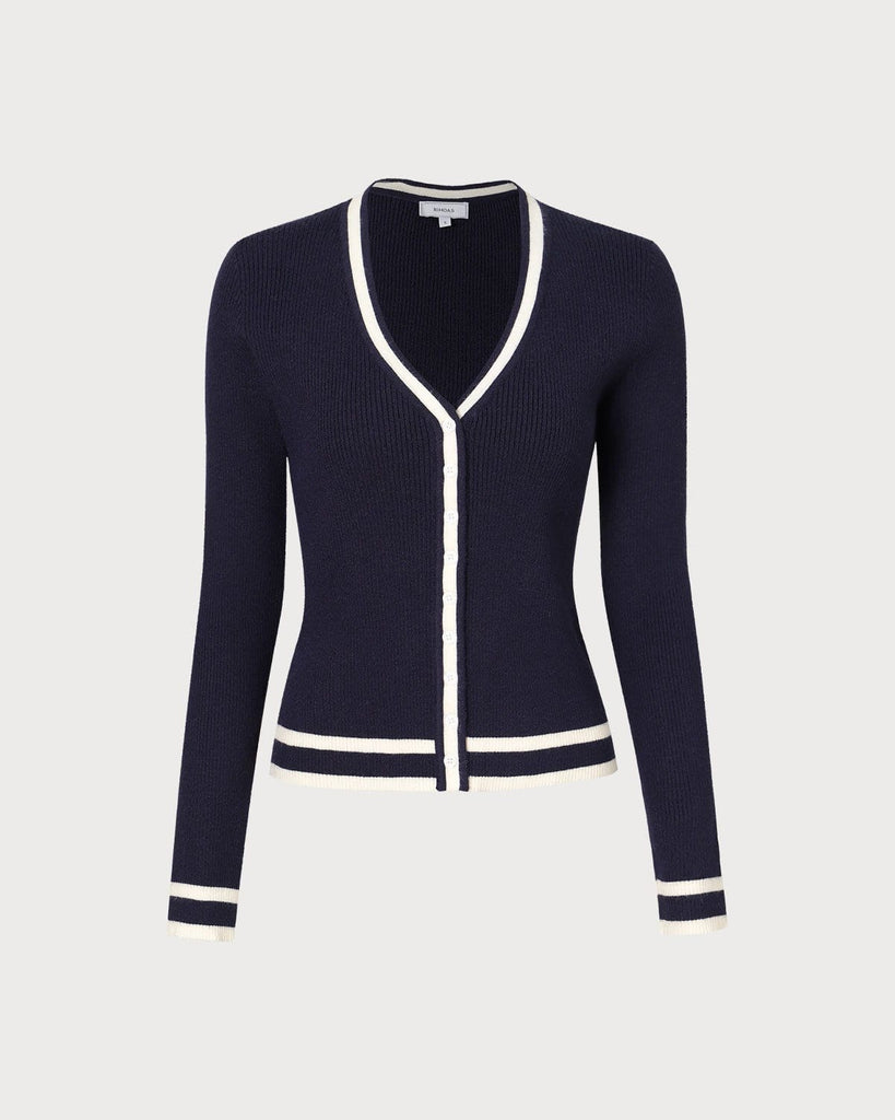 The Navy Contrast Button-up Knit Top Tops - RIHOAS