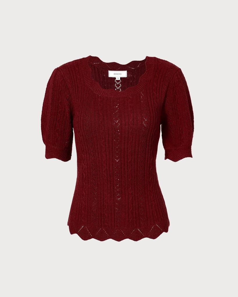 The Brick Red Scalloped Pointelle Knit Tee Tops - RIHOAS
