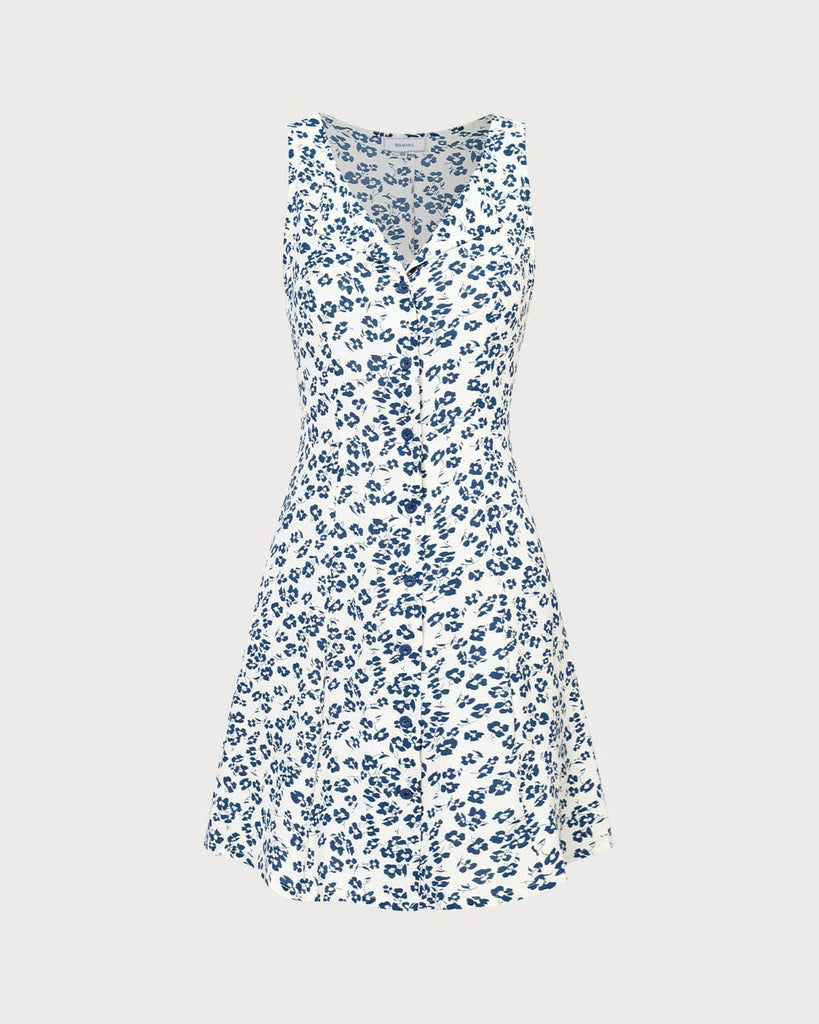 The Blue V-Neck Floral A-line Mini Dress Dresses - RIHOAS