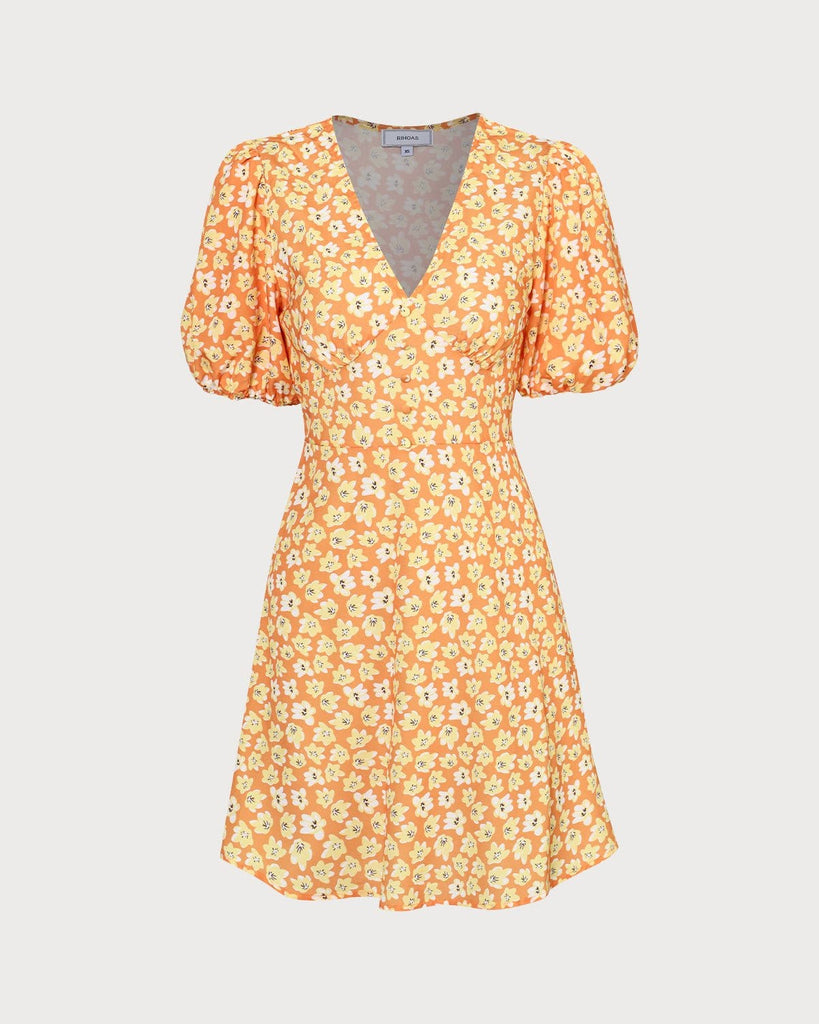 The Orange V-Neck Floral A-line Mini Dress Dresses - RIHOAS