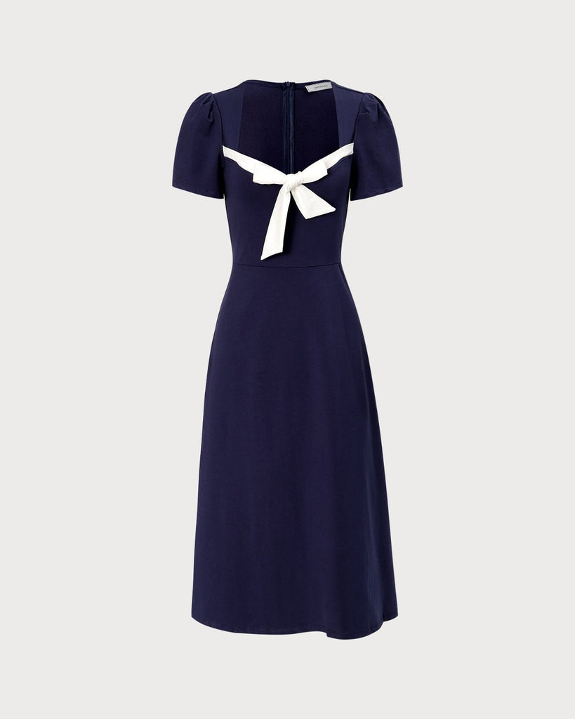 The Navy Sweetheart Neck Colorblock Midi Dress Dresses - RIHOAS