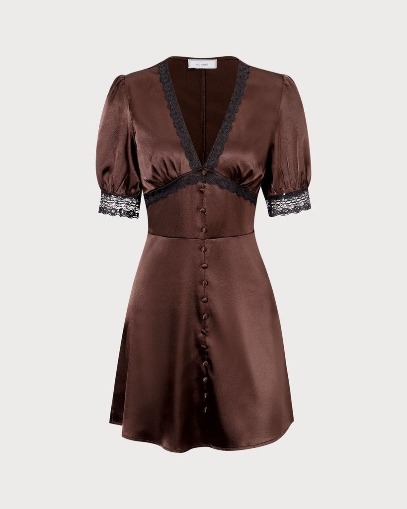 The V-Neck Lace Trim Satin Mini Dress Dresses - RIHOAS