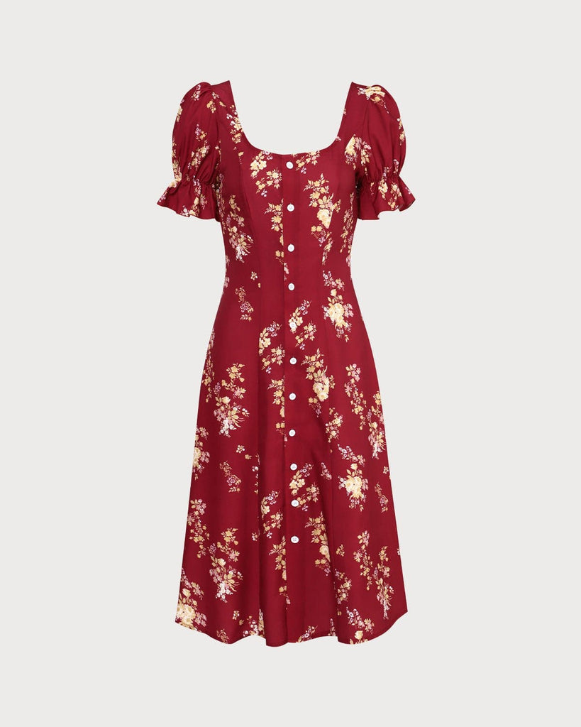 The U-Neck Puff Sleeve Floral Dress Dresses - RIHOAS