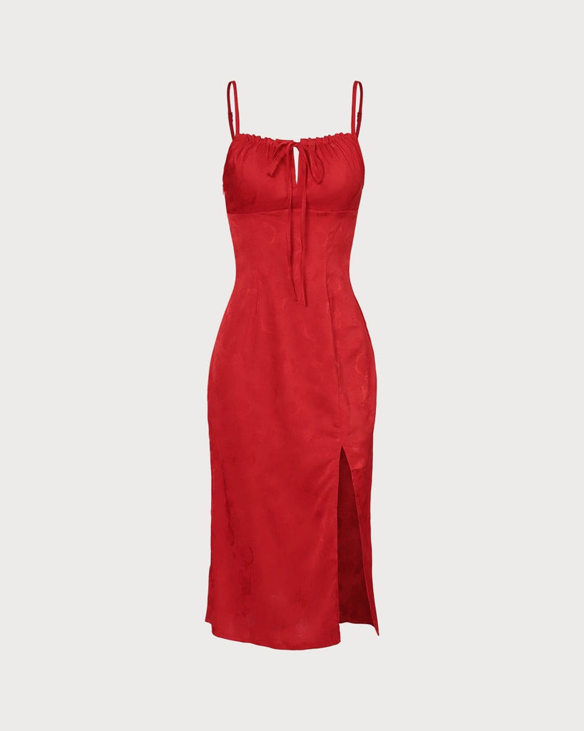 The Red Satin Jacquard Midi Dress Dresses - RIHOAS