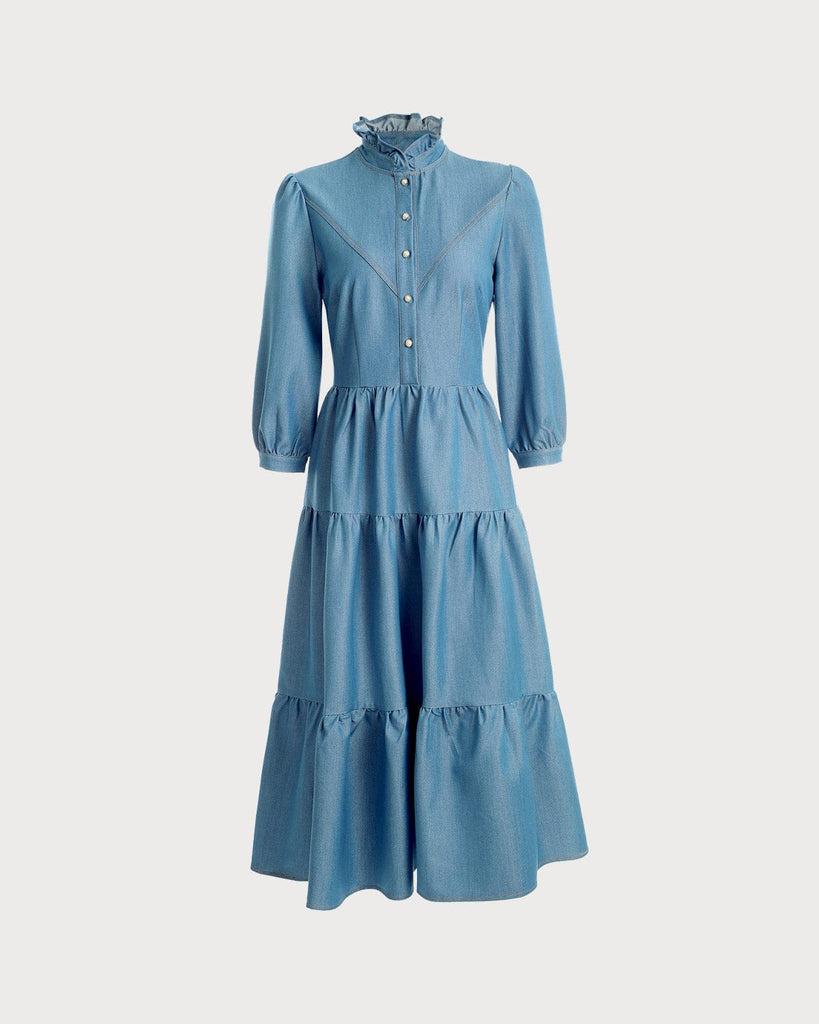 The Mock Neck Denim Maxi Dress - RIHOAS