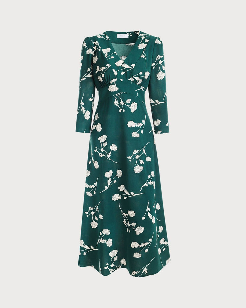 The Green V-neck Floral Dress Dresses - RIHOAS