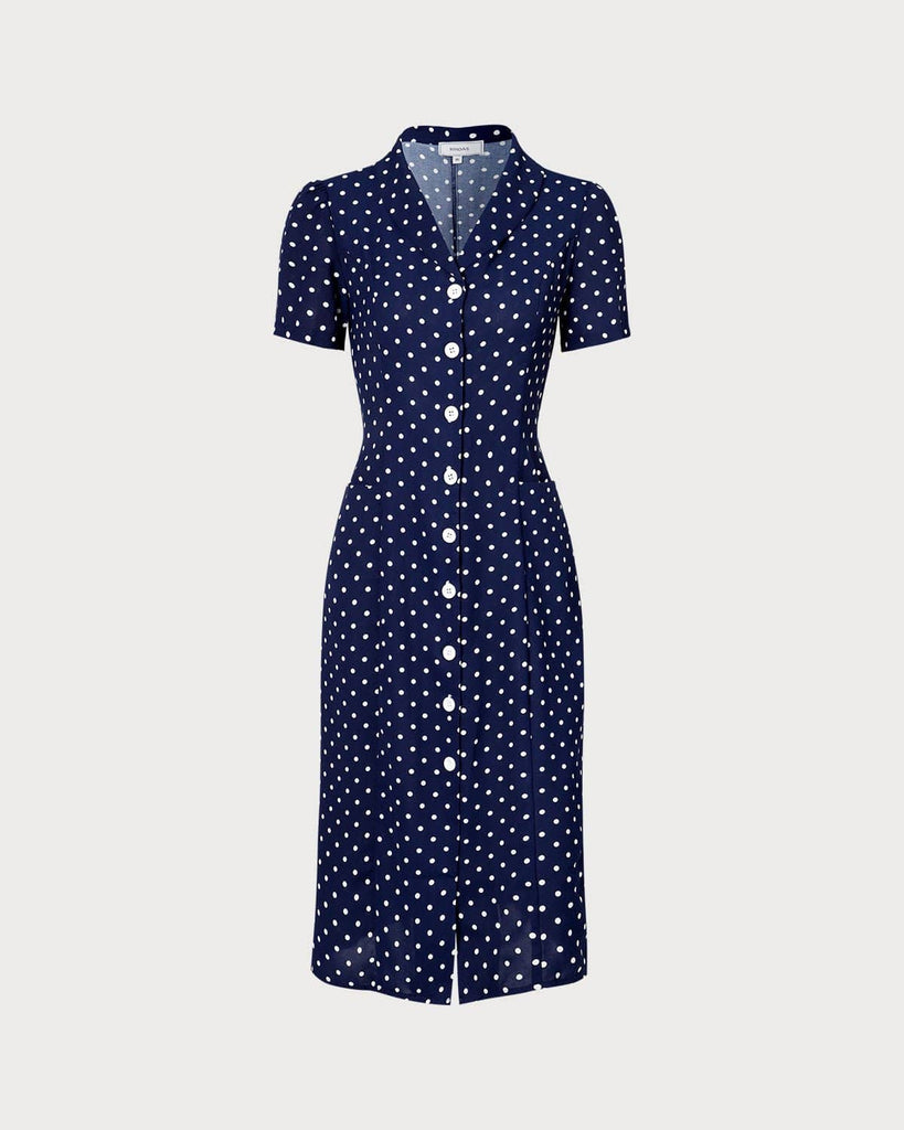 The Navy Collared Polka Dot Midi Dress Dresses - RIHOAS