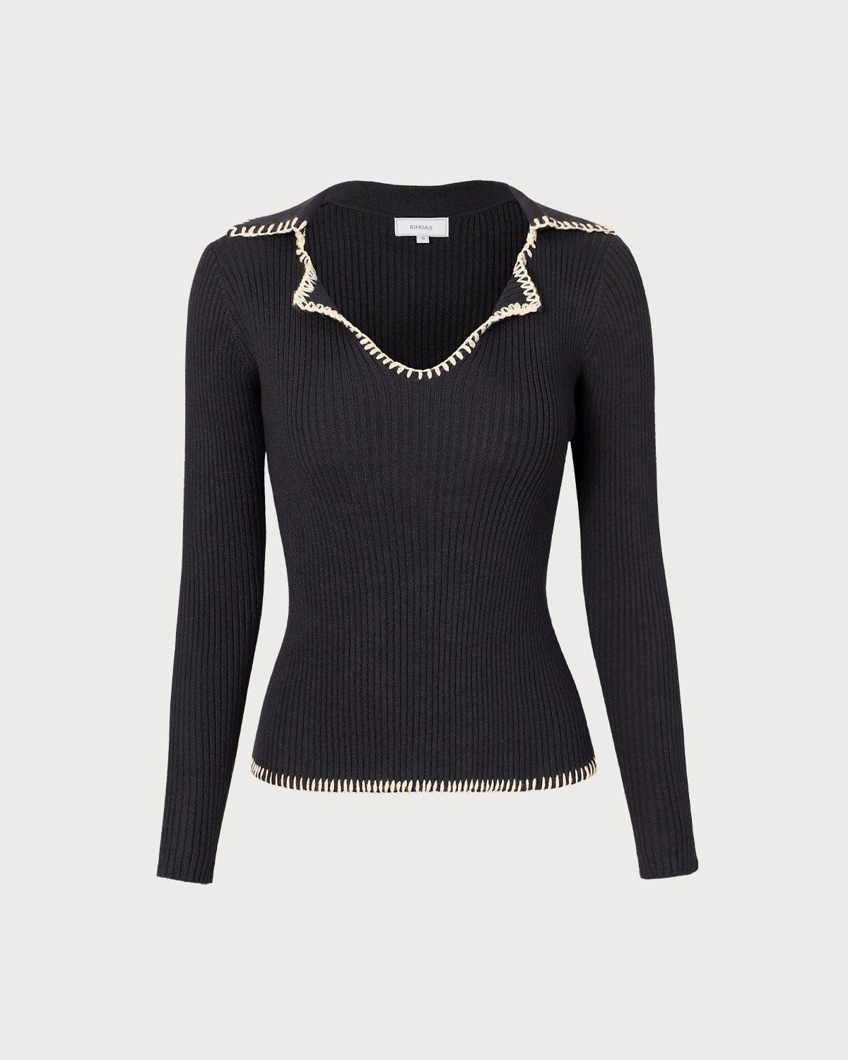 The Black Lapel Seam Colorblock Knit Top - Black Knit Long Sleeve