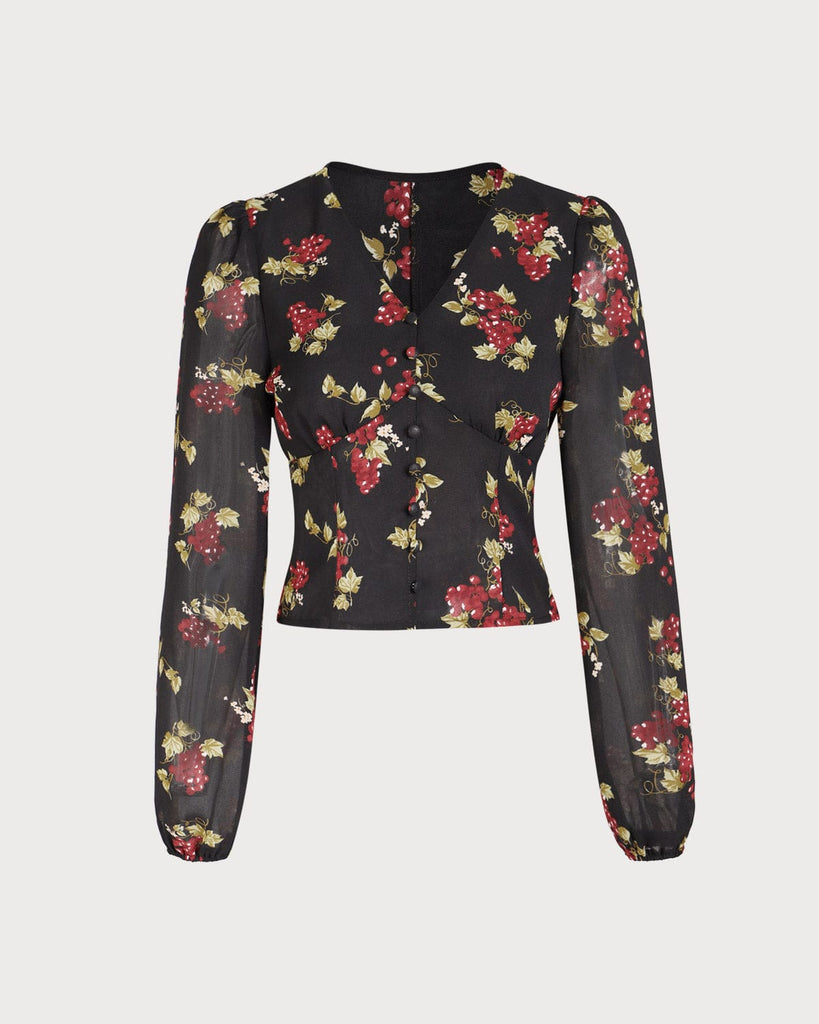 The V Neck See-through Sleeve Floral Blouse - RIHOAS