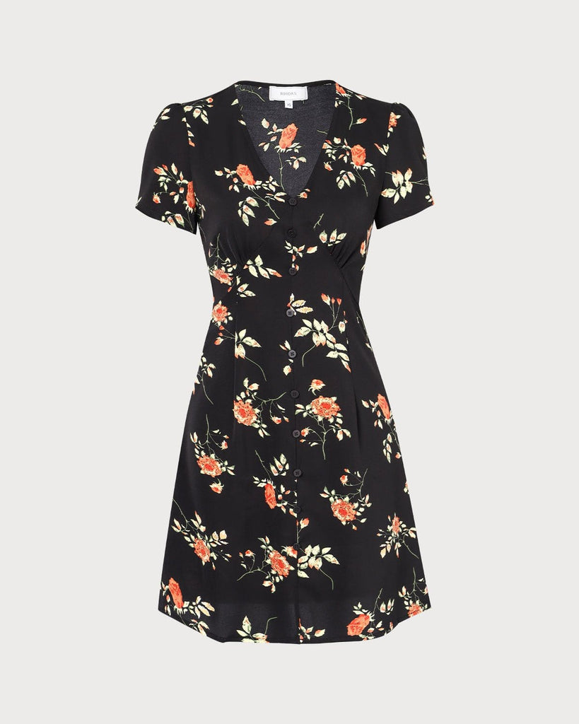 The Black V-Neck Floral Mini Dress Dresses - RIHOAS