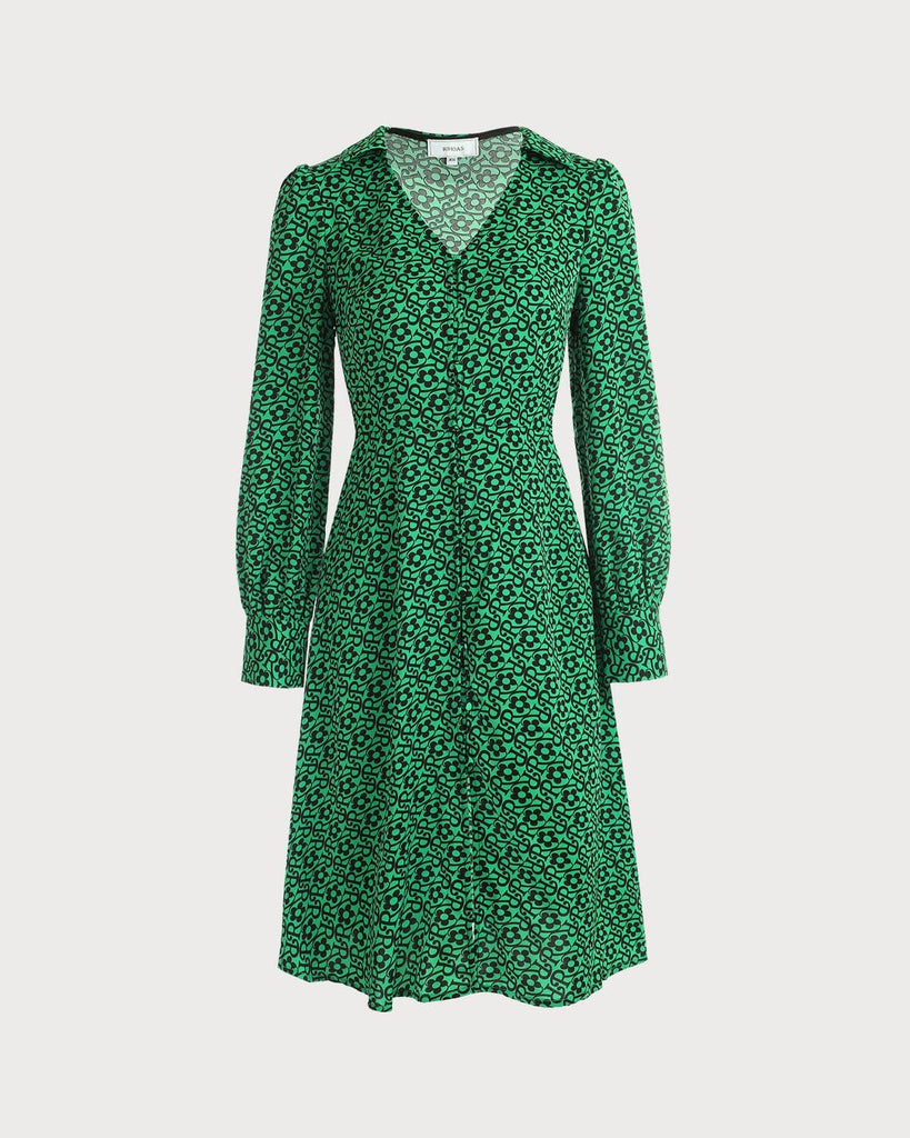 The Green V-neck Letter Print Midi Dress Dresses - RIHOAS