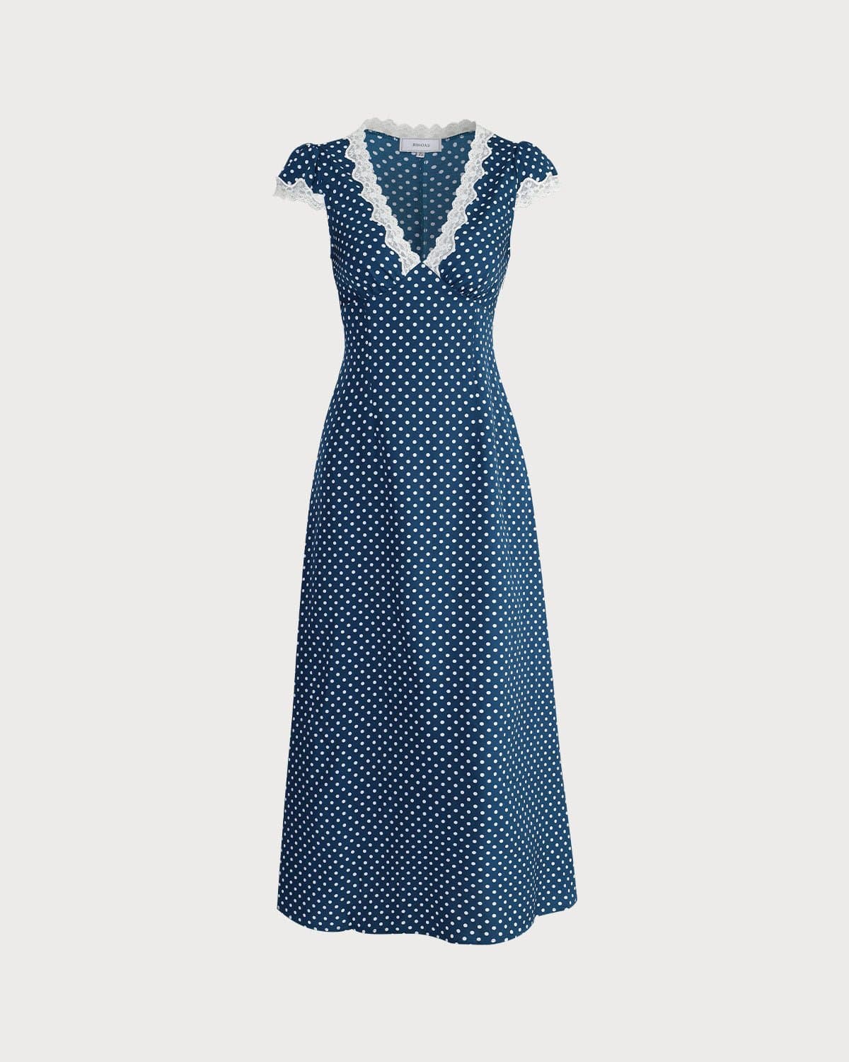 The Navy V Neck Polka Dot Lace Ruched Maxi Dress - Women's Navy Polka Dot  Cap Sleeve Dress - Navy - Dresses