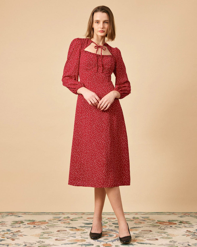 The Dot Print Sweetheart Neck Midi Dress Dresses - RIHOAS
