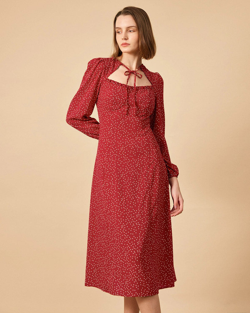 The Dot Print Sweetheart Neck Midi Dress Dresses - RIHOAS