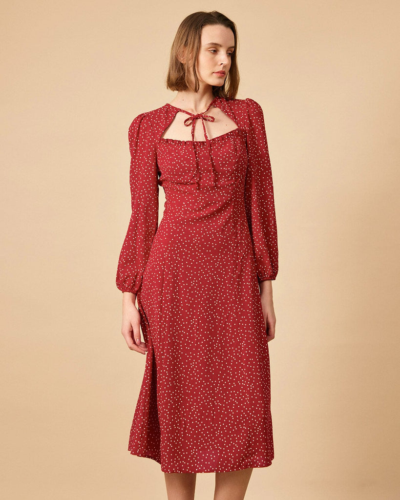 The Dot Print Sweetheart Neck Midi Dress Dresses - RIHOAS