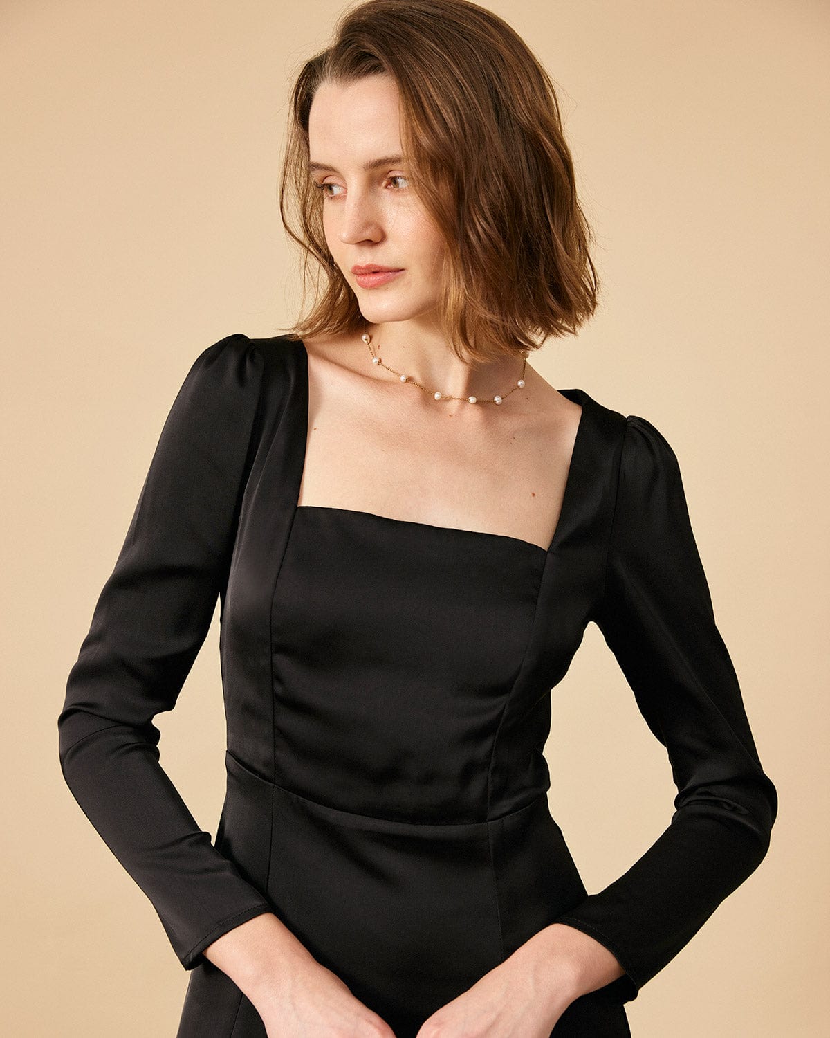 Black square neck dress long sleeve hotsell