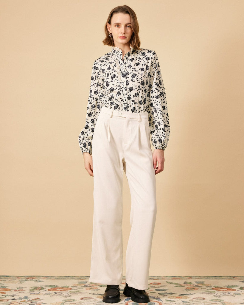 The Plicated Detail Wide Leg Suit Pants Beige Bottoms - RIHOAS