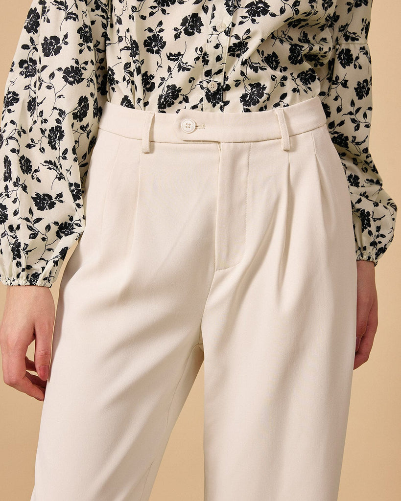 The Plicated Detail Wide Leg Suit Pants Beige Bottoms - RIHOAS