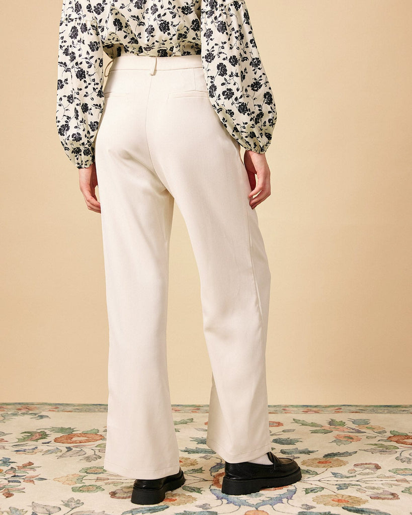 The Plicated Detail Wide Leg Suit Pants Beige Bottoms - RIHOAS