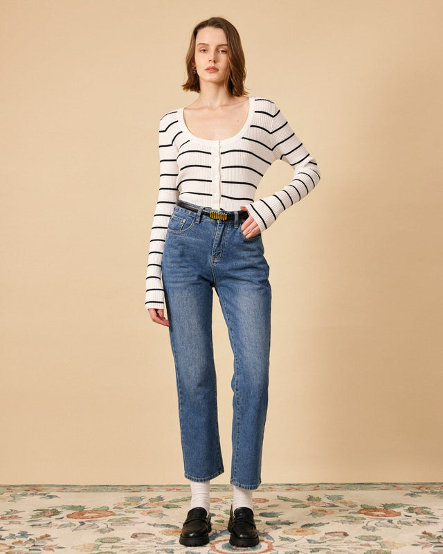 The Striped Slim-fit Ribbed Knit Cardigan - RIHOAS