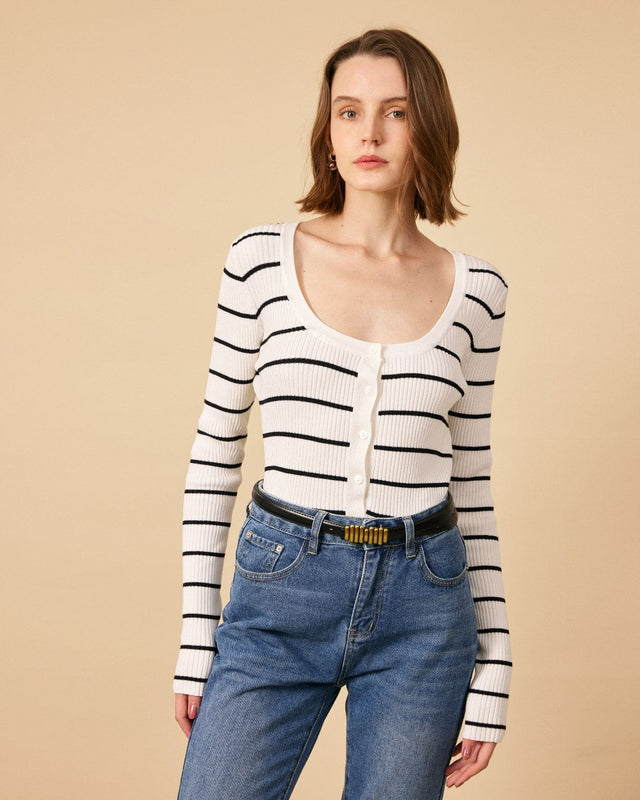 The Striped Slim-fit Ribbed Knit Cardigan - RIHOAS