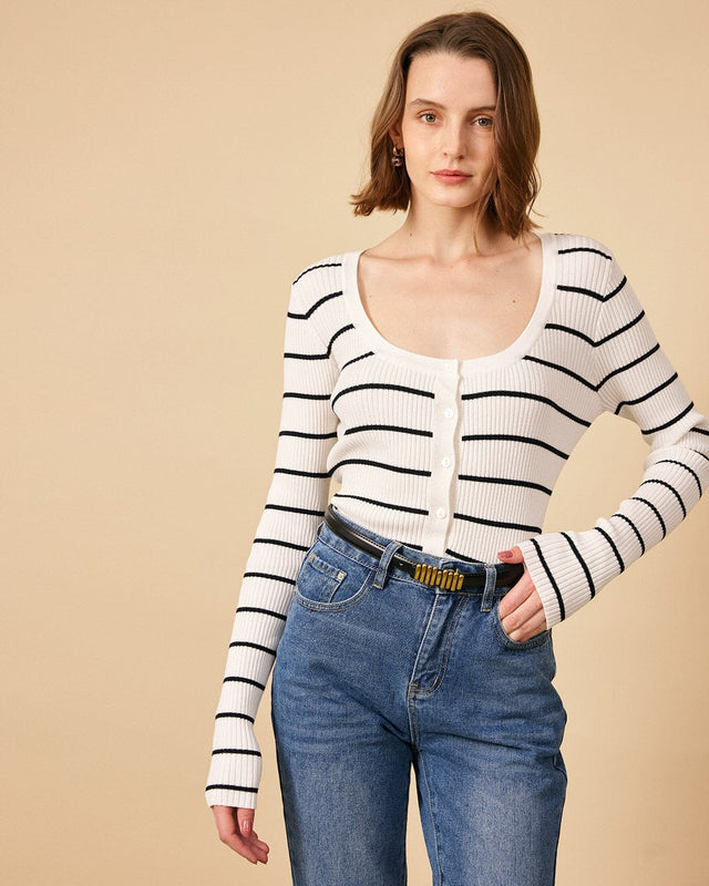 The Striped Slim-fit Ribbed Knit Cardigan - RIHOAS