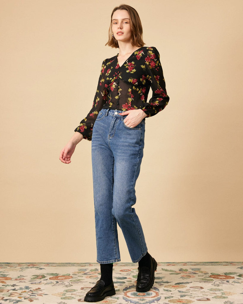 The V Neck See-through Sleeve Floral Blouse - RIHOAS