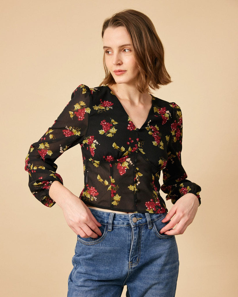 The V Neck See-through Sleeve Floral Blouse - RIHOAS