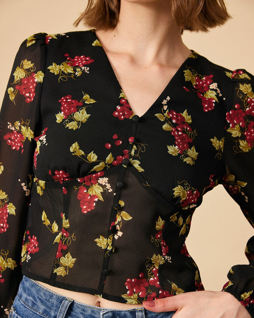 The V Neck See-through Sleeve Floral Blouse - RIHOAS