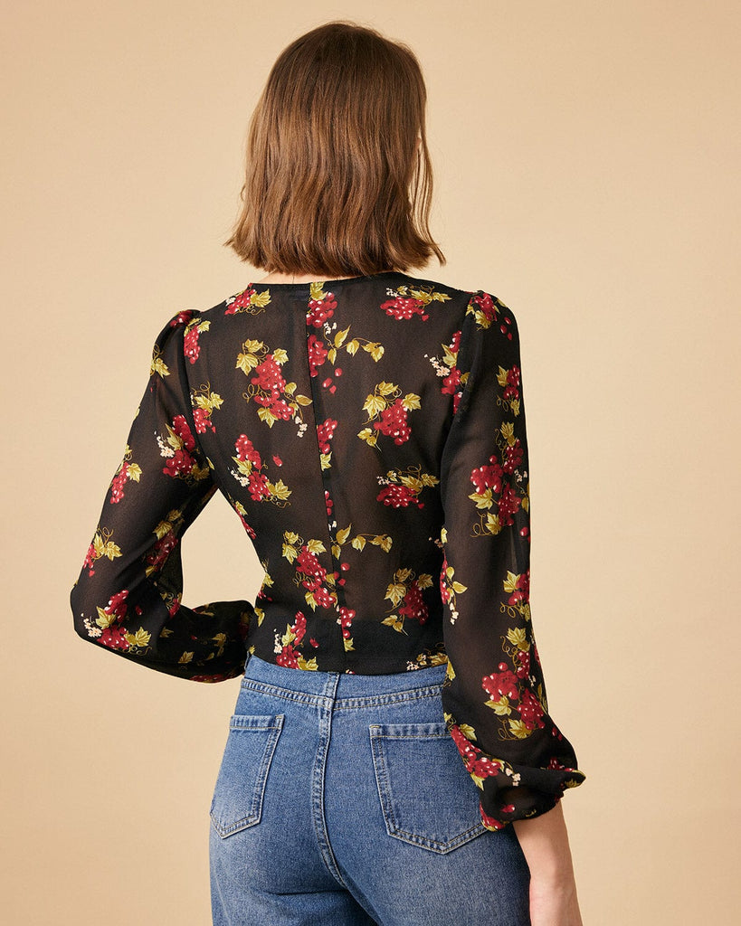 The V Neck See-through Sleeve Floral Blouse - RIHOAS