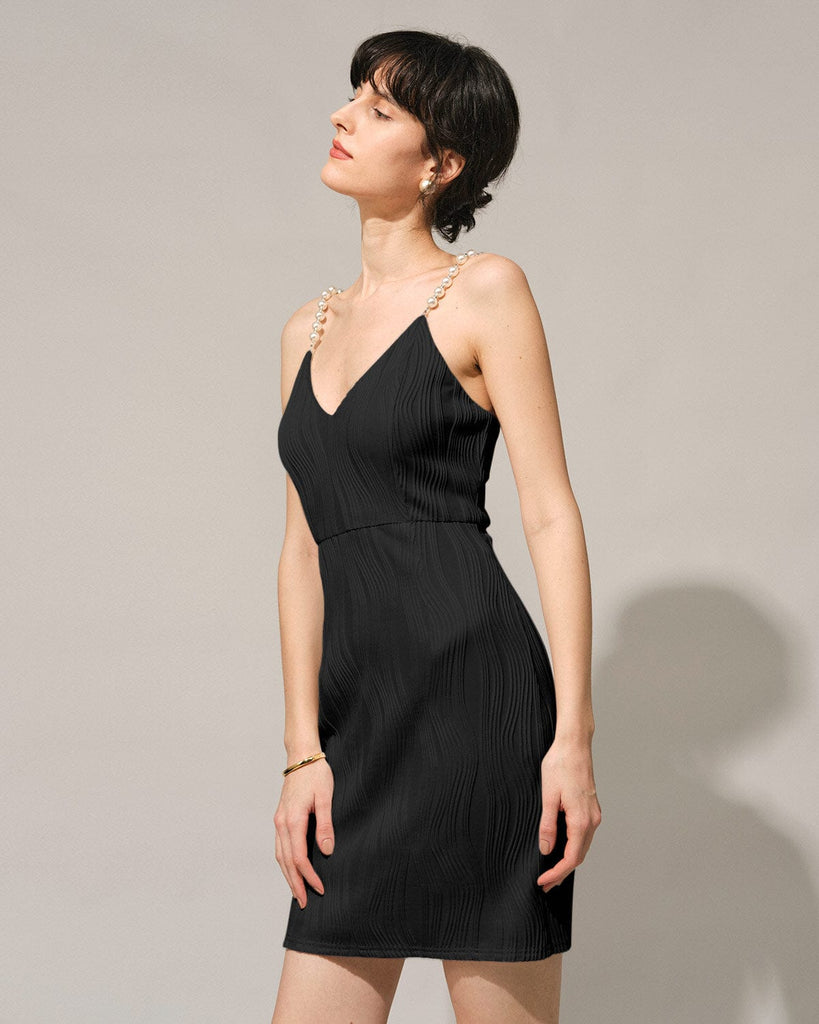 The Water Ripple Pearls Cami Dress Black Dresses - RIHOAS