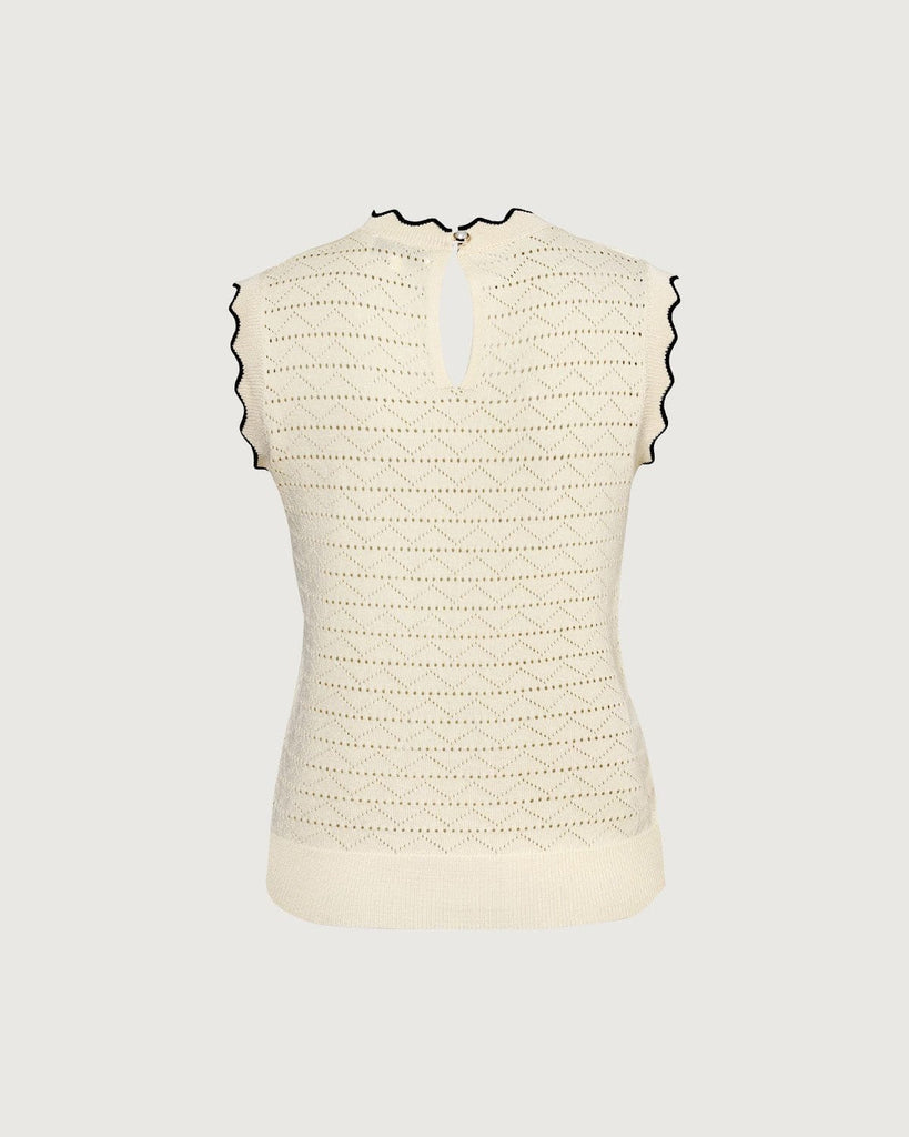 The Beige Scallop Trim Pointelle Knit Tank Top Tops - RIHOAS