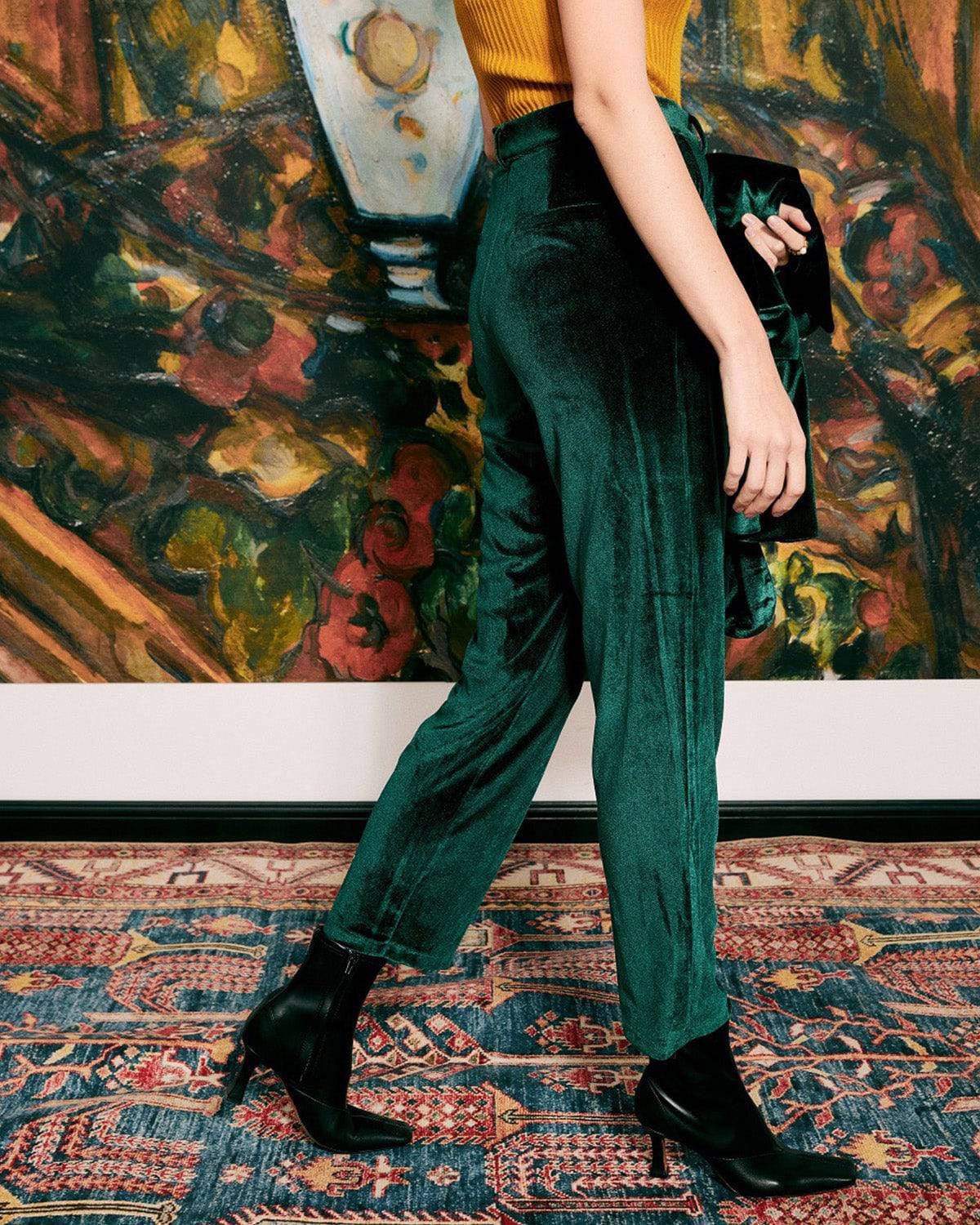 The Elegant Straight Leg Velvet Pants - Women's Green Velvet High Waisted  Slim Pants - Dark Green - Bottoms | RIHOAS